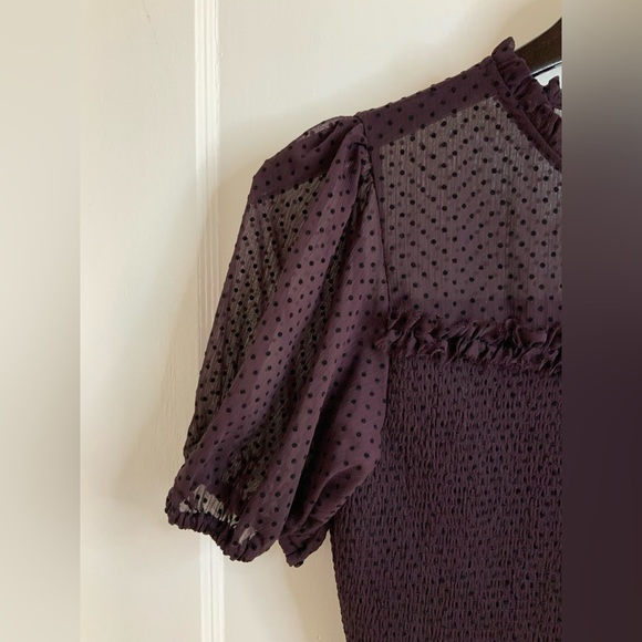 Express Polka Dot Smocked Peplum Top in Dark Purple - Picture 9 of 11